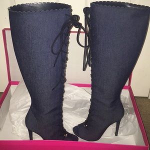 Knee high open toe denim boots